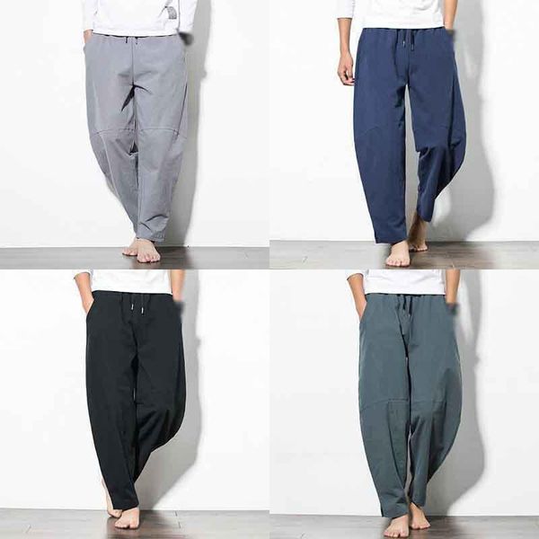 

fashion solid color casual pants men's loose lace up multi pocket pants large size, Black