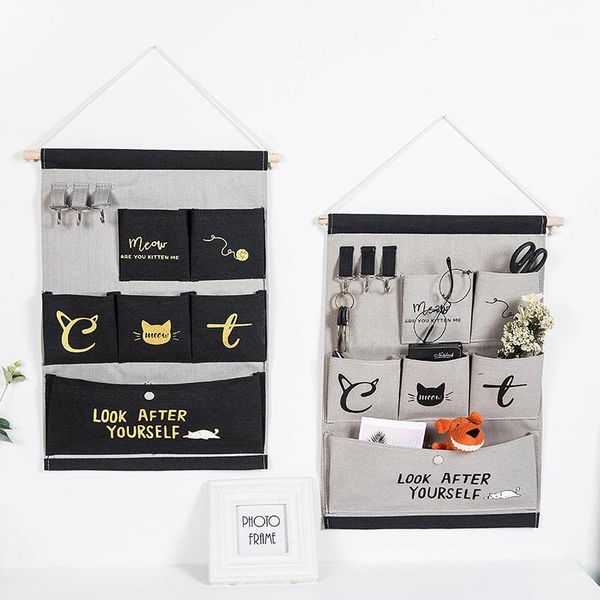 

6 pockets wall hanging storage bags cotton linen door organizer waterproof bedroom home wall decoration cat serie1