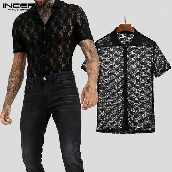 

men mesh shirts short sleeve lapel shirts black lace see through blouse man summer fitness party nightclub camisa s-5xl1, White;black