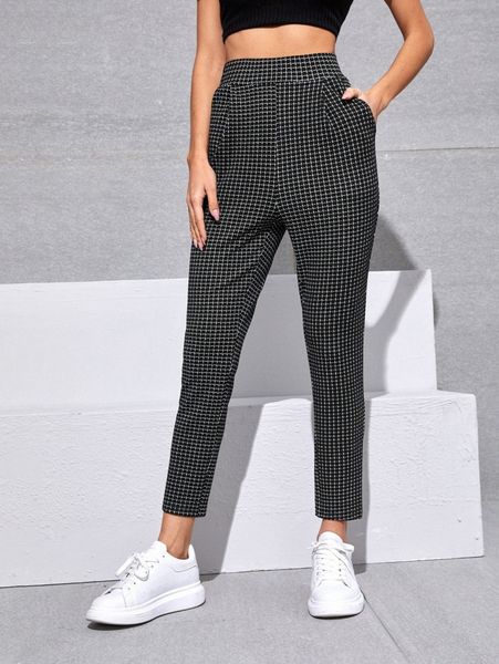 

plaid pocket side crop pants c1se#, Black;white