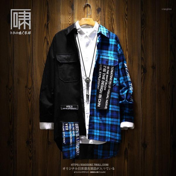 

patchwork plaid men shirt women thick oversized loose hip hop long shirts coat loose streetwear vintage womens blouses 501, White;black