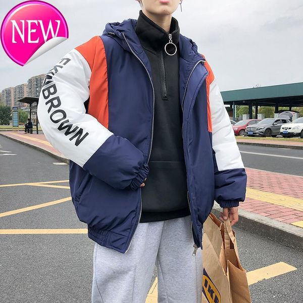 

wind winter harbor new letter patchwork printing thickened cashmere cotton-padded clothes male loose casual bread served coat1, Black