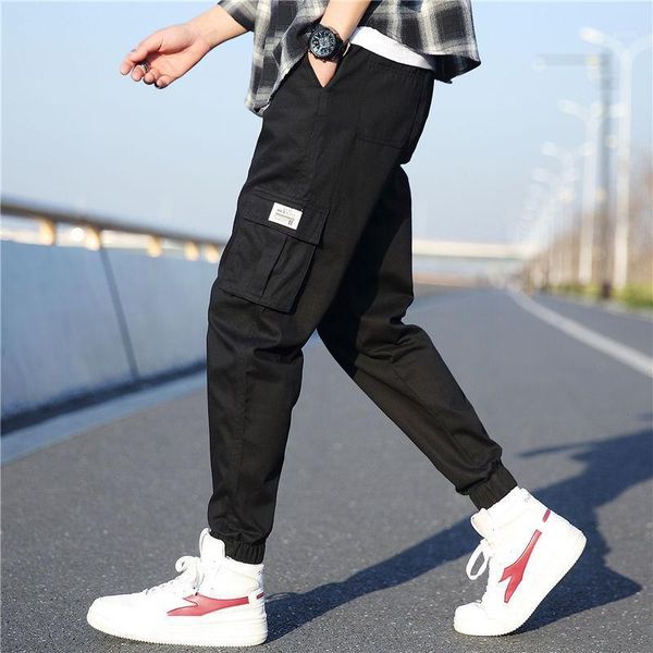 

fashion 202 men's korean trend spring elastic waist wild loose cargo streetwear hiking sports beam feet casual overalls trousers1, Blue