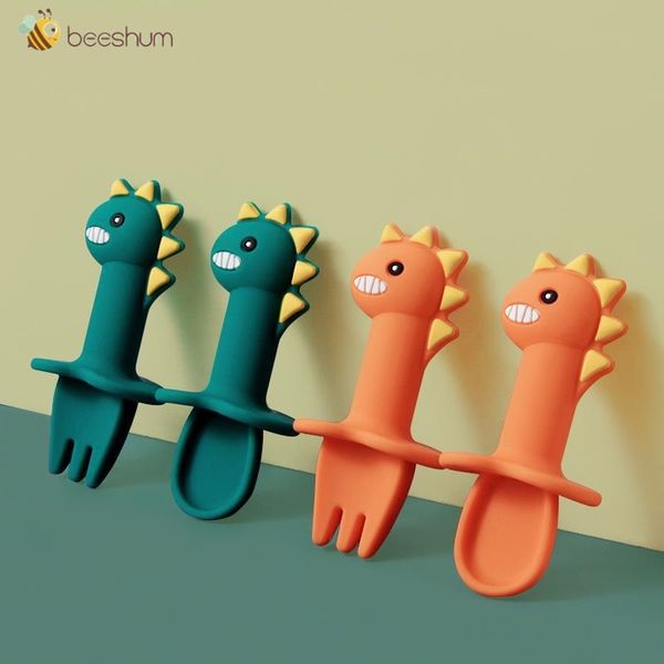 

2pcs baby spoon fork set silicone feeding spoon kids cutlery cartoon dinosaur short handle teether children tableware dhl