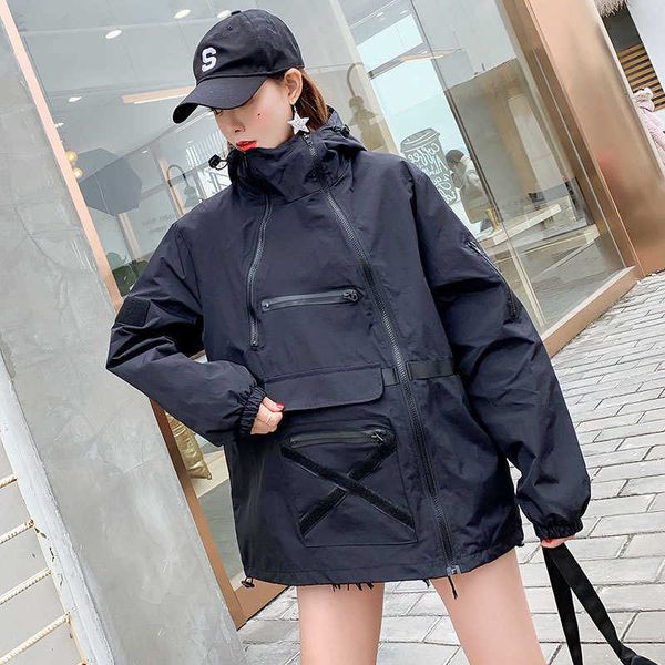 

#5612 casual hip hop jacket windbreaker women black loose hood harajuku long bomber jacket streetwear coat ladies spring 2021 t190909, Black;brown