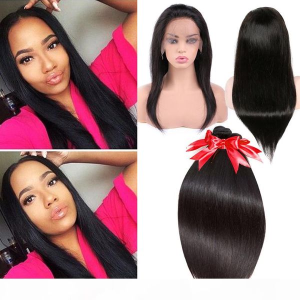 

8a grade brazilian virgin hair bundles straight hair 360 lace frontal with 3 bundles 100% unprocessed virgin human hair extensions, Black;brown