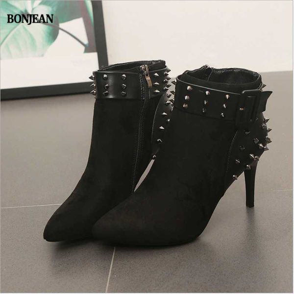 

boots bonjean pointy ankle are the european and american joker buckles rivet high-heel for autumn/winter, Black
