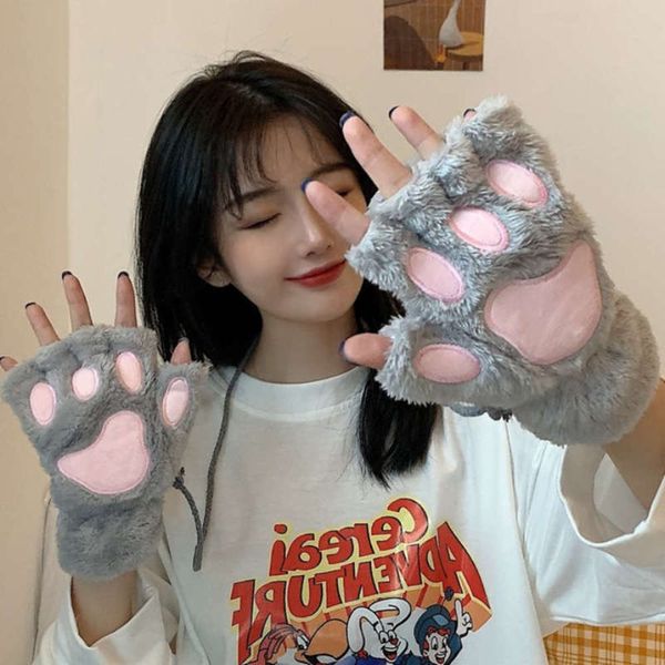 

and inschao thickened women' warm gloves in winter half finger cute plush cycling motorcycle cold proof cat claw exposed finger, Blue;gray