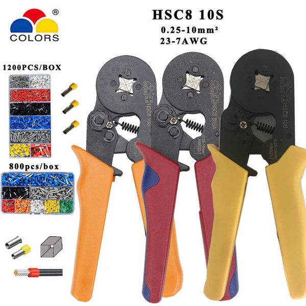 Mini alicates Ferramentas de crimpagem de fio elétrico Caixa de terminais tubular definido HSC8 10S 0,25-10mm2 AWG23-7 com 1200/800 pcs Terminal Set Y200321