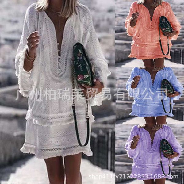 

2019 new cut out loose long sleeve tassel lace dress, Black;gray