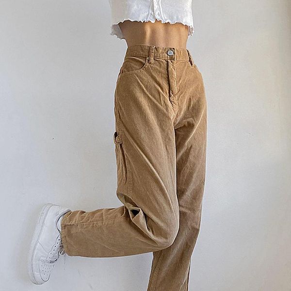 

casual women high waist button solid color long loose corduroy pants trousers fashion brown vintage women trousers, Black;white