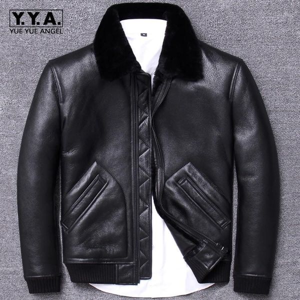 

luxury sheep shearing mens genuine leather jackets winter warm smart casual rib hem slim fit plus size thick coats1, Black