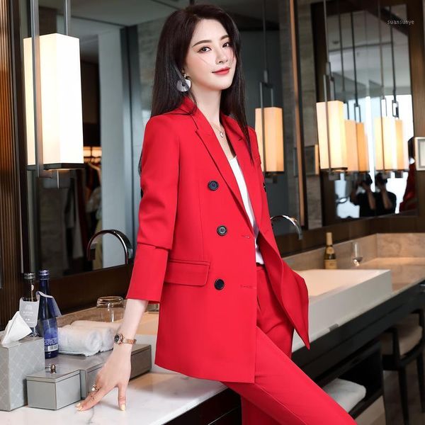

long sleeve formal professional women business suits elegant red autumn winter styles ladies pantsuits female blazers set1, White