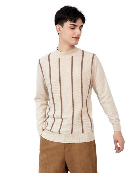 

zhili men's 100% cashmere striped knit mock neck sweater, White;black