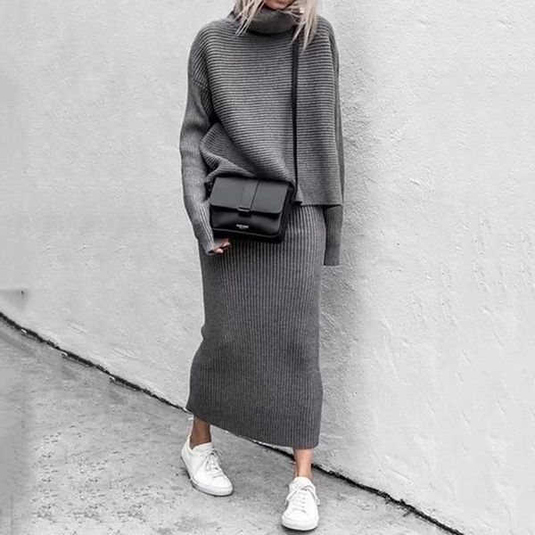 

high streetwear fashion women's casual 2 two-piece suit knitted + wide leg trousers elegant two pieces set, Gray