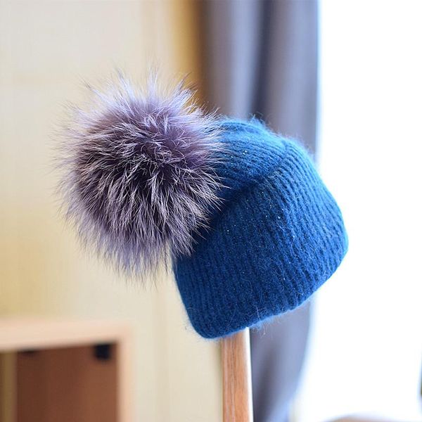 

autumn winter beanies hat for women knitted wool skullies casual cap with real fur pompom solid colors ski beanie, Blue;gray
