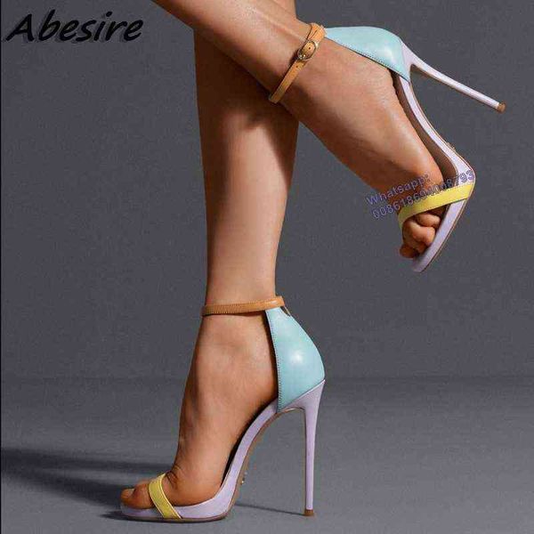 

sandels mixed color sandals ankle strap stilettos high heel for women summer open toe thin s shoes cover 220303, Black