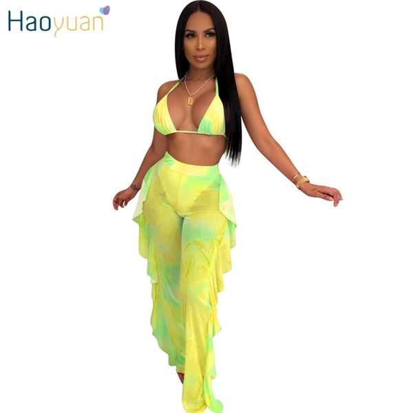 

haoyuan two piece set mesh crop and ruffle pants matching sets summer festival clothing 2 piece club outfits for women, White