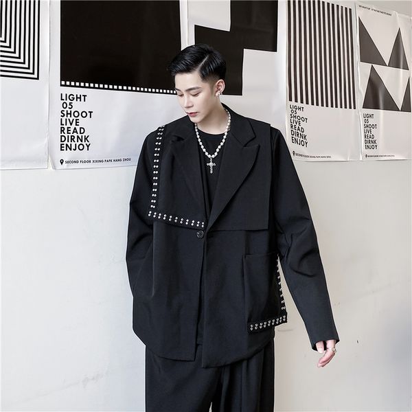

2020 riveite asymmetrical decoration blazers man jacket streetwear punk suit stage clothes okcu, White;black