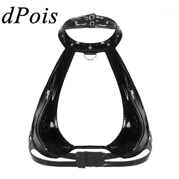 

womens bras wet look patent leather lingerie braltte haler neck cutout front zippered open breast rivets wire bra, Red;black