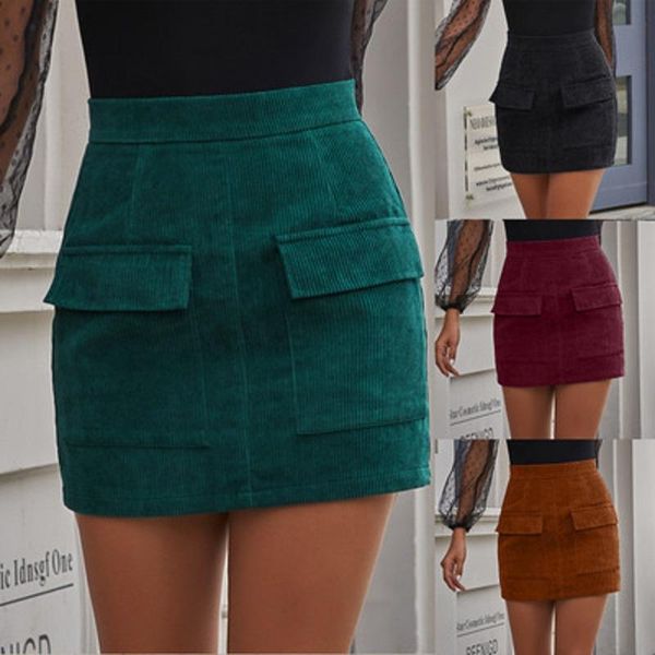 

women autumn winter basic skirts high waist pockets mini skirt, Black