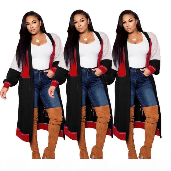 

contrast color knitted women cardigan fashion outfit long sleeve and long cardigan loose knitted sweater soft outfit knitwear outwear casual, Black