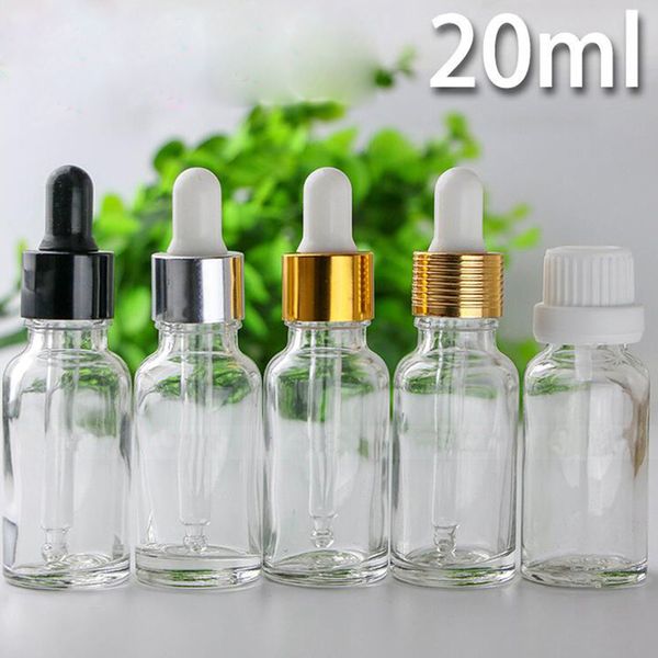 Bottiglie di liquido in vetro da 20 ml con pipetta per gli occhi Contenitori per bottiglie di oli essenziali per aromaterapia trasparenti vuoti con tappi in argento nero oro