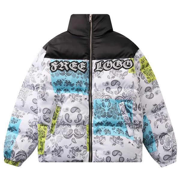 

mens bandana patchwork parkas vintage thick jackets winter warm cotton couple windbreaker padded oversized coats, Black