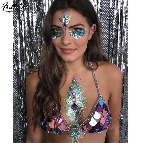 

women's tanks & camis summer festival style metal chain mirror crop glitter mermaids beachwear bohemian womens bralette clubwear1, White
