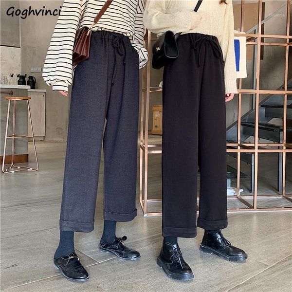

pants women solid elastic waist plus size 3xl autumn woolen simple elegant chic straight trousers korean style all-match new1, Black;white