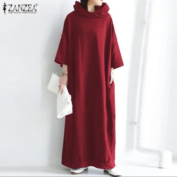 

zanzea women autumn sweatshirt dress hoodies 3/4 sleeve sundress casual hooded pullover solid loose long vestidos femme robe1, Black;gray