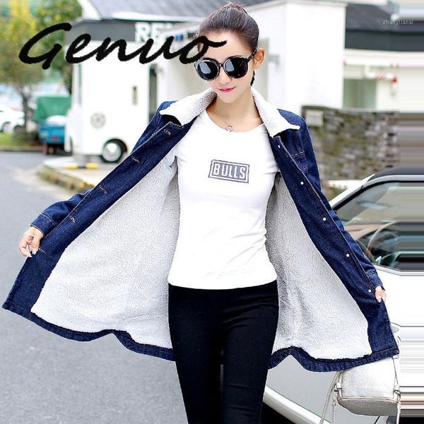 

genuo new autumn winter denim fleece jacket lambswool basic coat for women long sleeve warm casual single breasted bomber jacket1, Black;brown