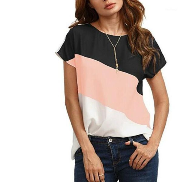 

2020 summer women shirts new fashion three color patchwork o-neck short sleeve chiffon shirt casual plus size shirt1, White