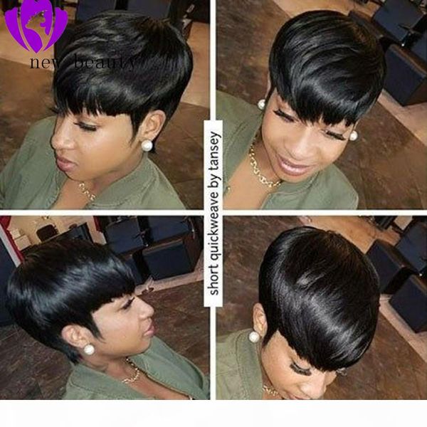 

short pixie cut hairstyle for black women pre plucked lace front human hair wigs with bangs straight brazilian bob wig, Black;brown