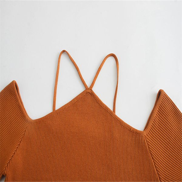 

za 2020 off knit women cut out exposed shoulders straps long sleeve knitted shirt fashion backless woman q1219, White
