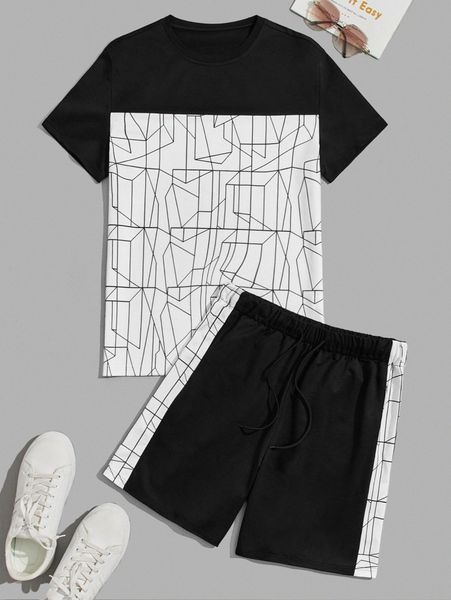 

men geo print colorblock tee & drawstring waist shorts p21l#, Gray