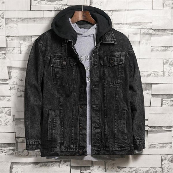 

mens new hooded denim jacket fashion loose black hip hop casual cowboy coat autumn winter outerwear male clothes, Black;brown