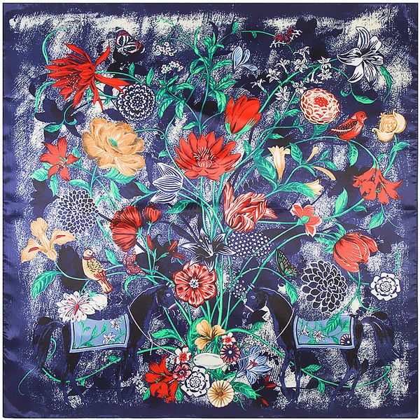 

handmade silk neck animal print scarf women horse foulard 90*90 cheveux femme echarpe shawls floral large square scarfs, Blue;gray