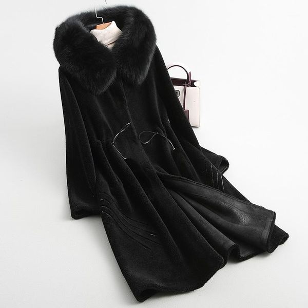 

women's fur & faux 2021 women coat sheep shearling jacket real wool coats winter jackets natural collar hooded kqn383391, Black