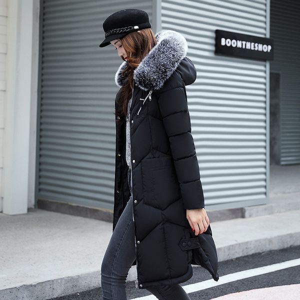 

women's winter new mid length over knee jacket with large wool collar and down cotton padded, Black