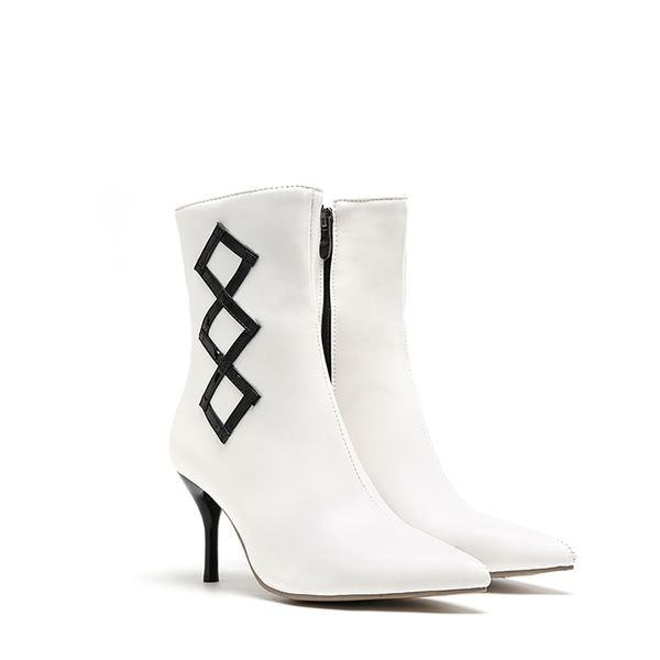 

2020 new elegant black white women nude mid calf boots high heels office lady shoes k394 plus big size 10 43 45 47