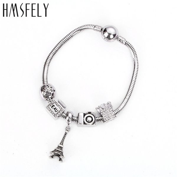 

hmsfely stainless steel charm eiffel tower bracelets beaded chain for women fit snake chain fine bracelet diy jewelry gift y200730, Black