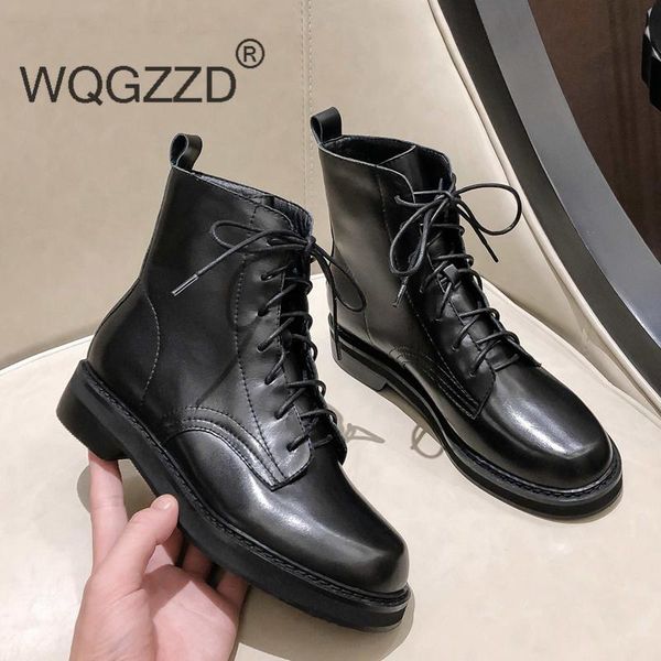 

2020 western cowboy boots women's shoes genuine leather thick med heel round toe lace up black ankle boots zapatos mujer
