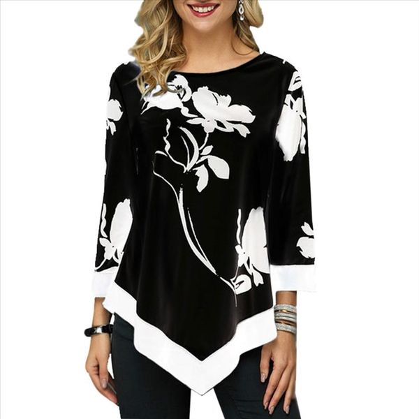 

2020 new autumn arrival womens fashion round neck shirt long sleeved shirt women print irregular hem tunic casual top, White