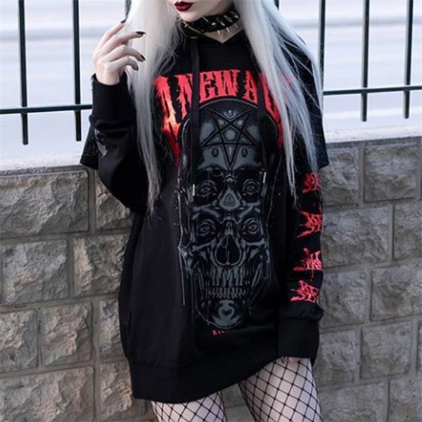 Rosetic Harajuku Schädel Druck Frauen Hoodie Mit Kapuze Tops Gothic Schwarz Sweatshirt Plus Größe Streetwear Casual Hoodies Herbst 201202