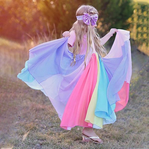 

girl's dresses 2021 baby girls princess dress toddler kids summer rainbow cotton chiffon clothes infantil children clothing for 2-6, Red;yellow