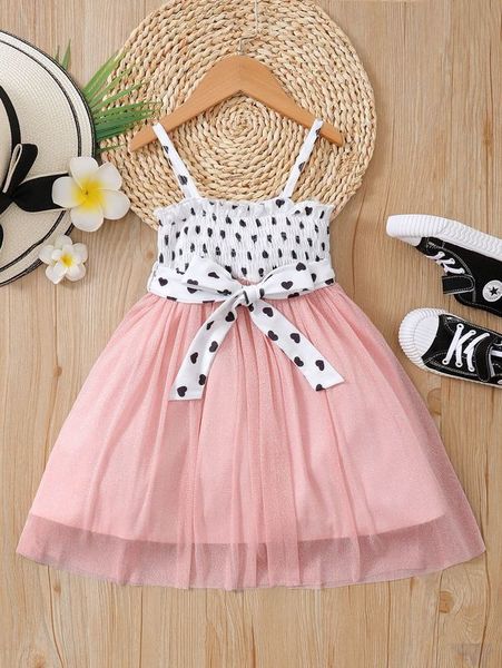 

toddler girls heart print shirred mesh hem belted cami dress she, Red;yellow