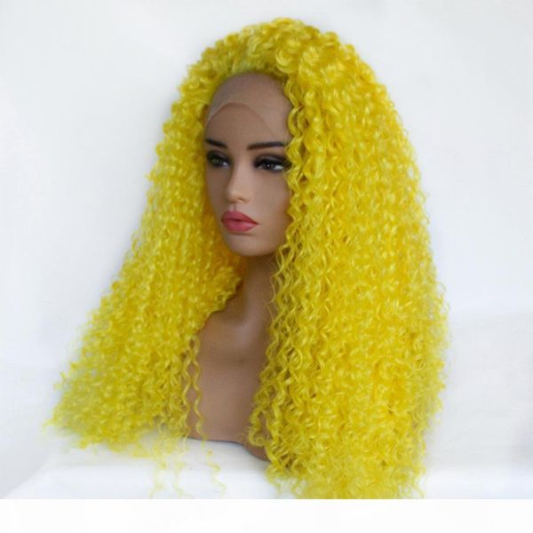 

new cosplay yellow kinky curly synthetic hand tied lace front wig 180% density heat resistant fiber part for black women