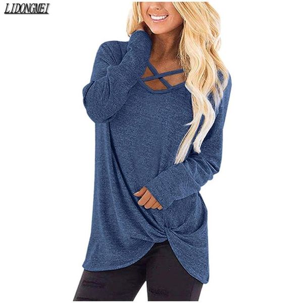 

women's t-shirt solid color cross-knotted long-sleeved v-neck 6-color trend versatile comfortable, White