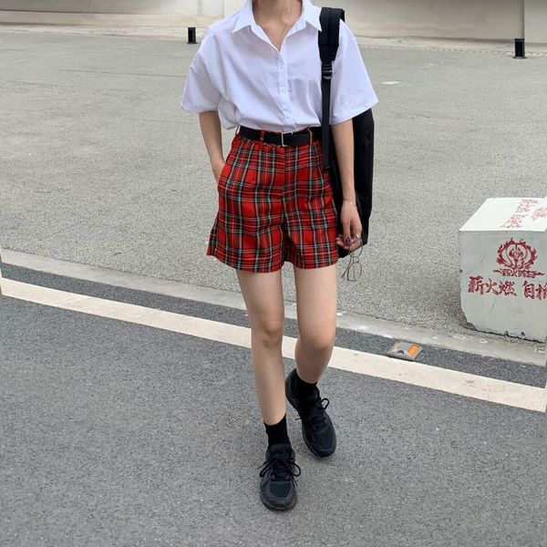 

women's shorts harajuku women red plaid overalls female casual fashion high waist shorts+belt summer gothic cool girls, White;black